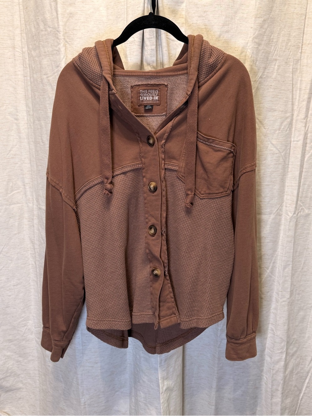 American Eagle Outfitters Chest-Pocket Hooded Button-Up Jacket — Warm Brown